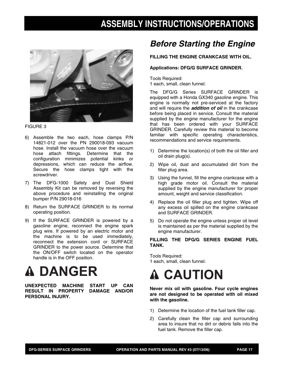 Danger, Caution, Assembly instructions/operations | Before starting the engine | Multiquip DFG Series User Manual | Page 17 / 80