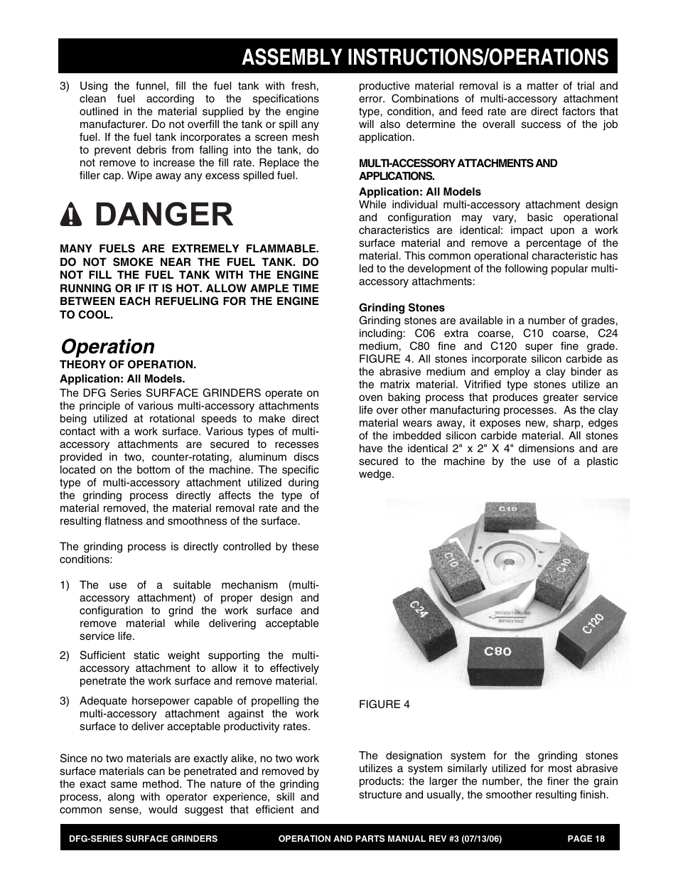 Danger, Assembly instructions/operations, Operation | Multiquip DFG Series User Manual | Page 18 / 80