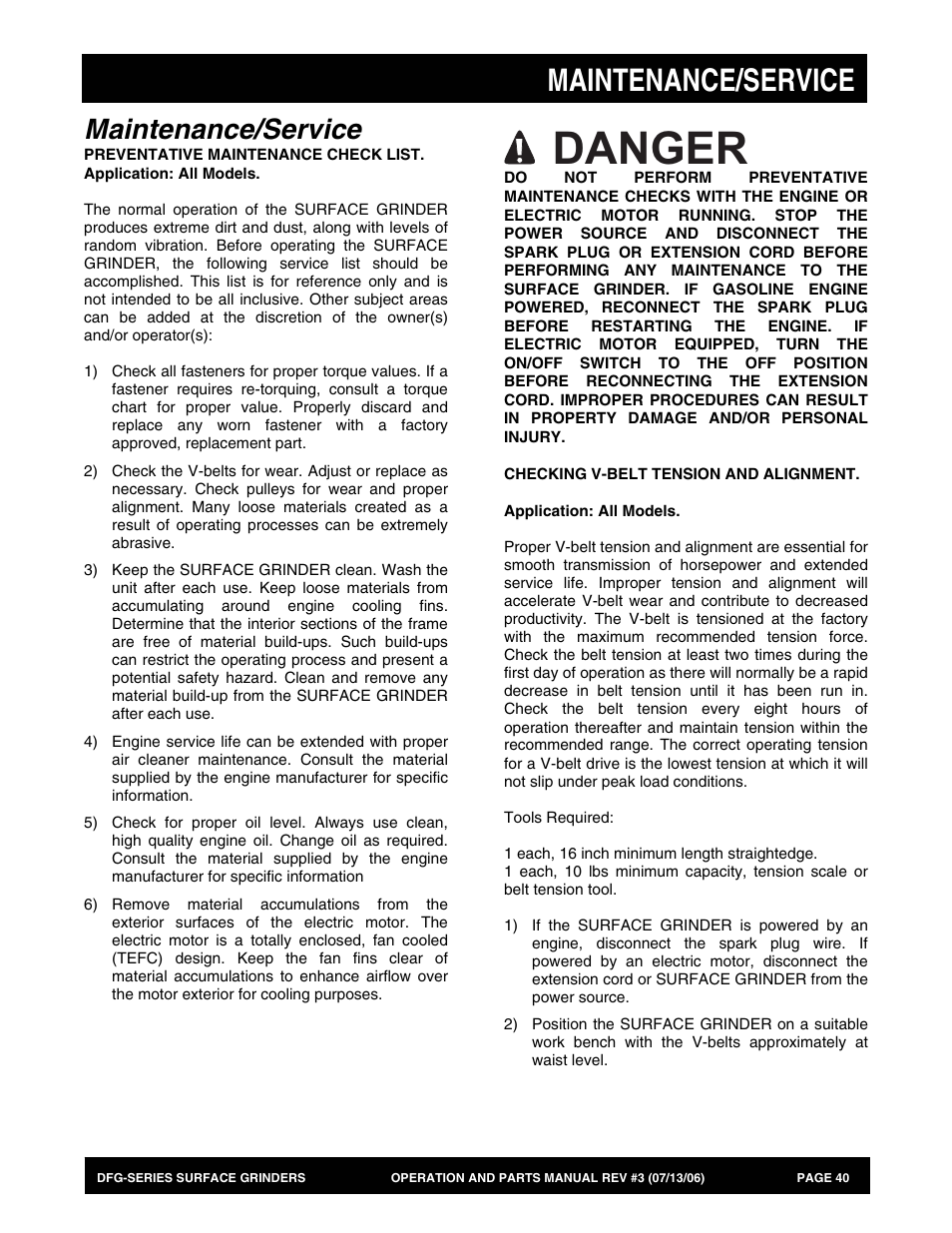 Danger, Maintenance/service | Multiquip DFG Series User Manual | Page 40 / 80