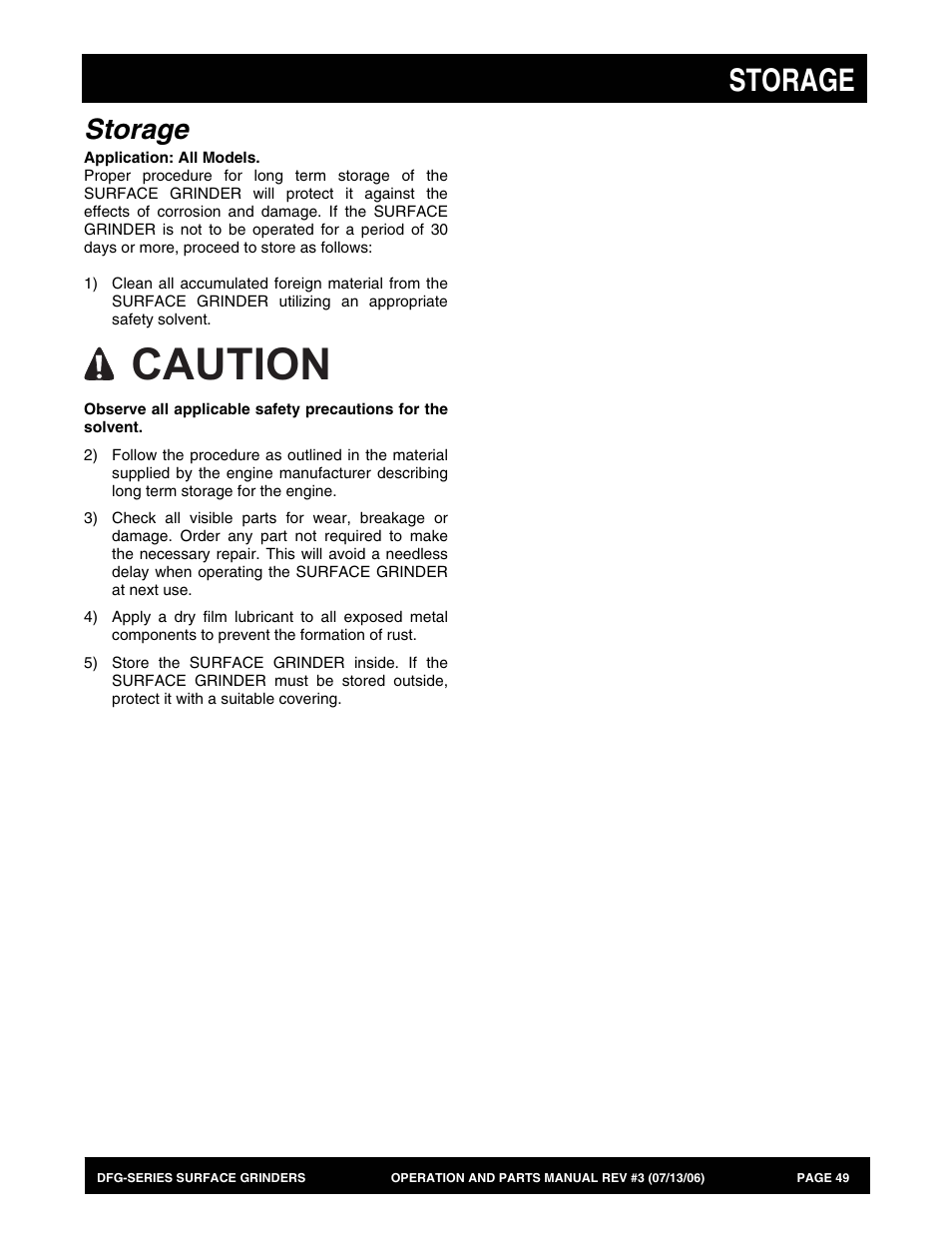 Caution, Storage | Multiquip DFG Series User Manual | Page 49 / 80