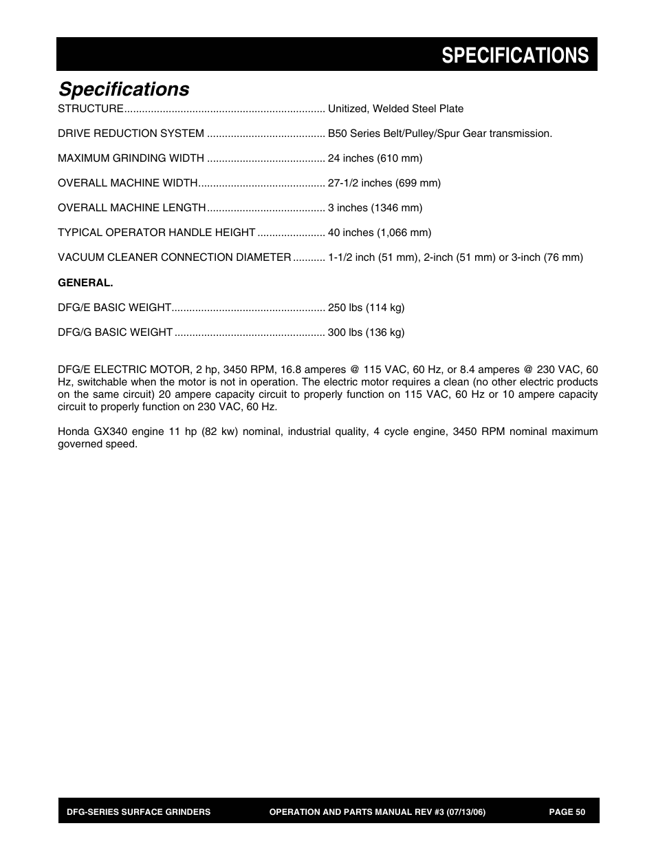 Specifications | Multiquip DFG Series User Manual | Page 50 / 80