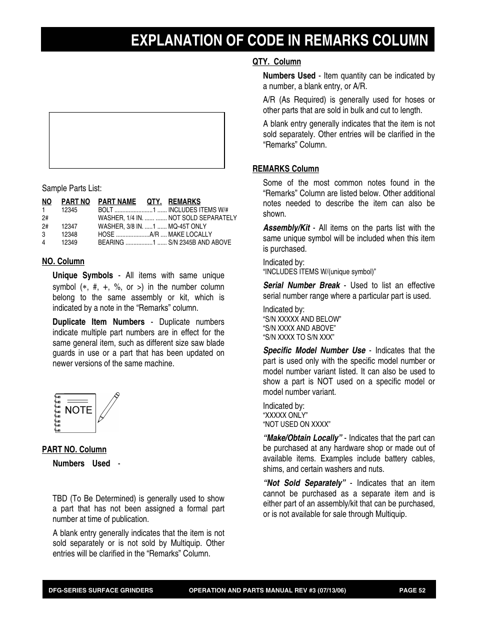 Explanation of code in remarks column | Multiquip DFG Series User Manual | Page 52 / 80