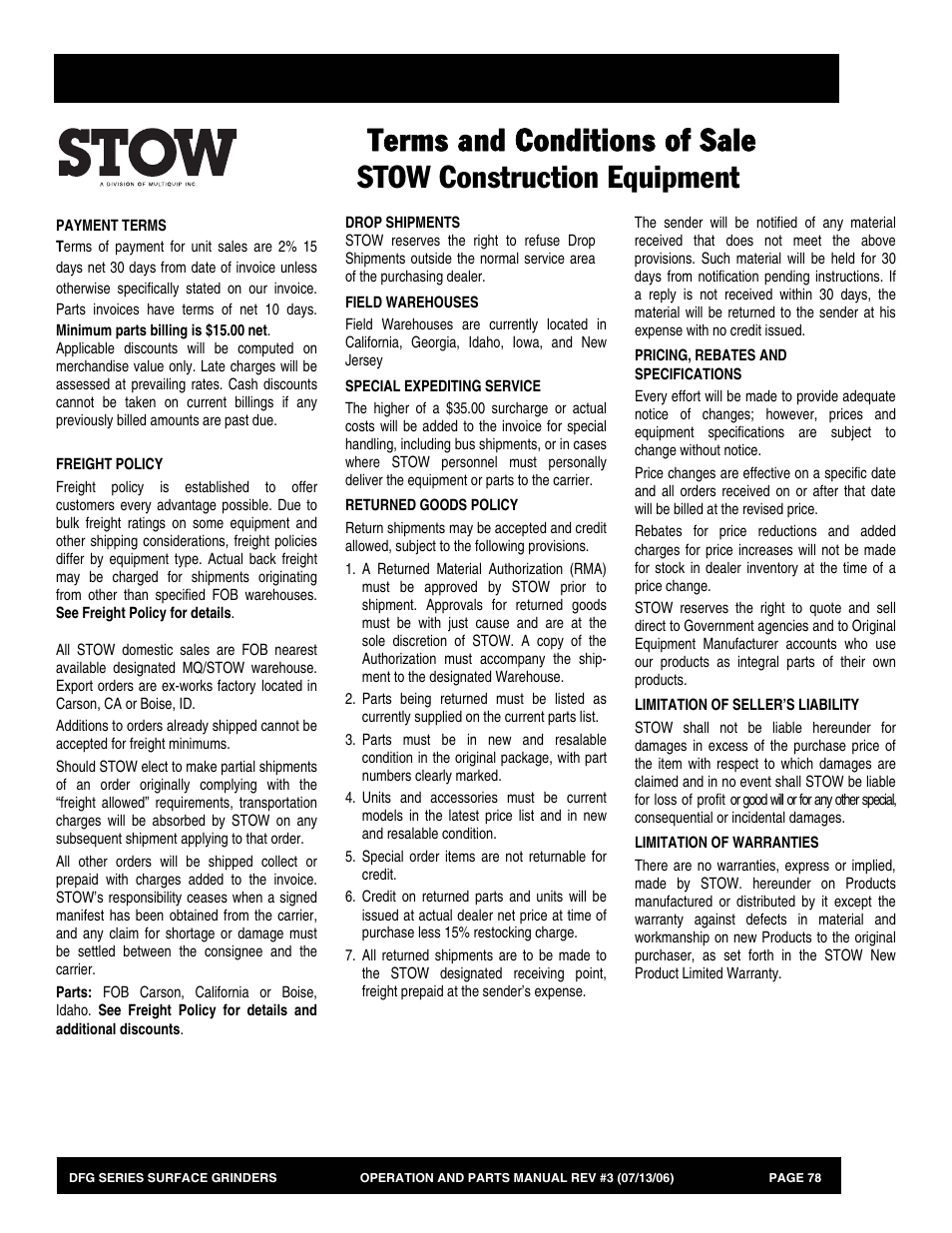 Terms and condition of sale— parts | Multiquip DFG Series User Manual | Page 78 / 80