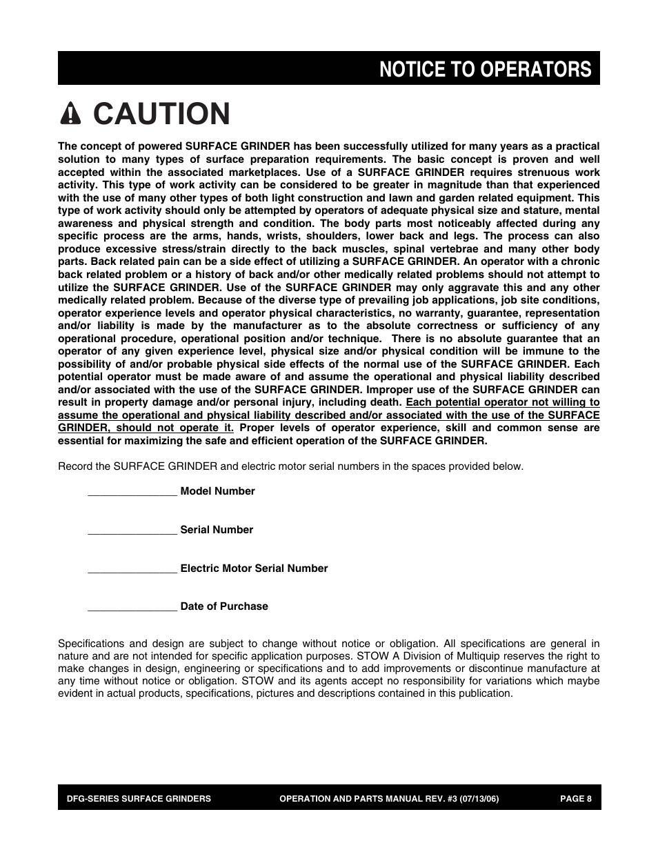 Caution, Notice to operators | Multiquip DFG Series User Manual | Page 8 / 80