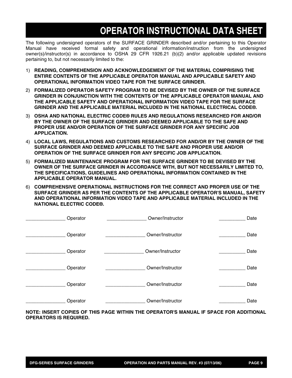Operator instructional data sheet | Multiquip DFG Series User Manual | Page 9 / 80