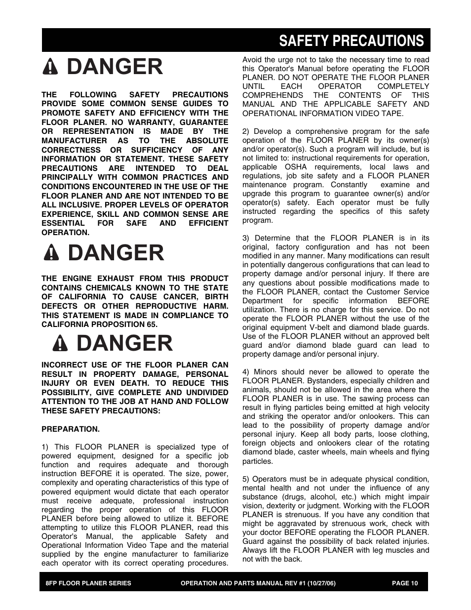 Danger, Safety precautions | Multiquip 8FP Series User Manual | Page 10 / 74