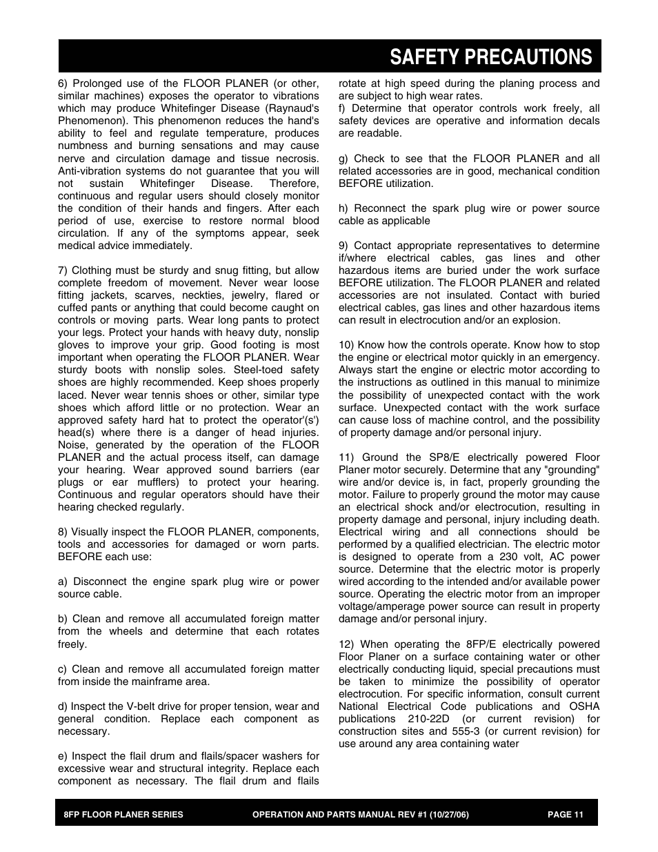 Safety precautions | Multiquip 8FP Series User Manual | Page 11 / 74
