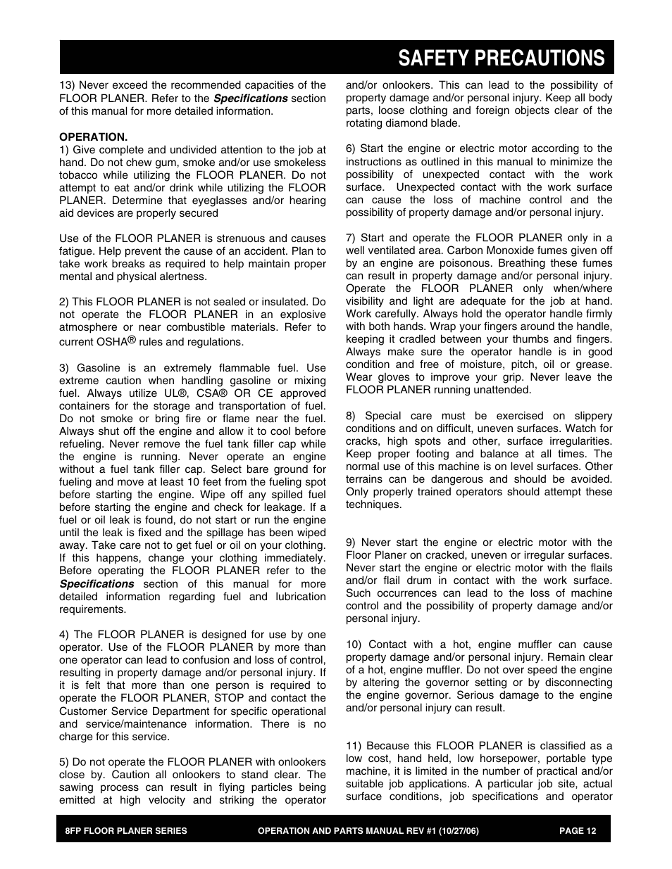 Safety precautions | Multiquip 8FP Series User Manual | Page 12 / 74