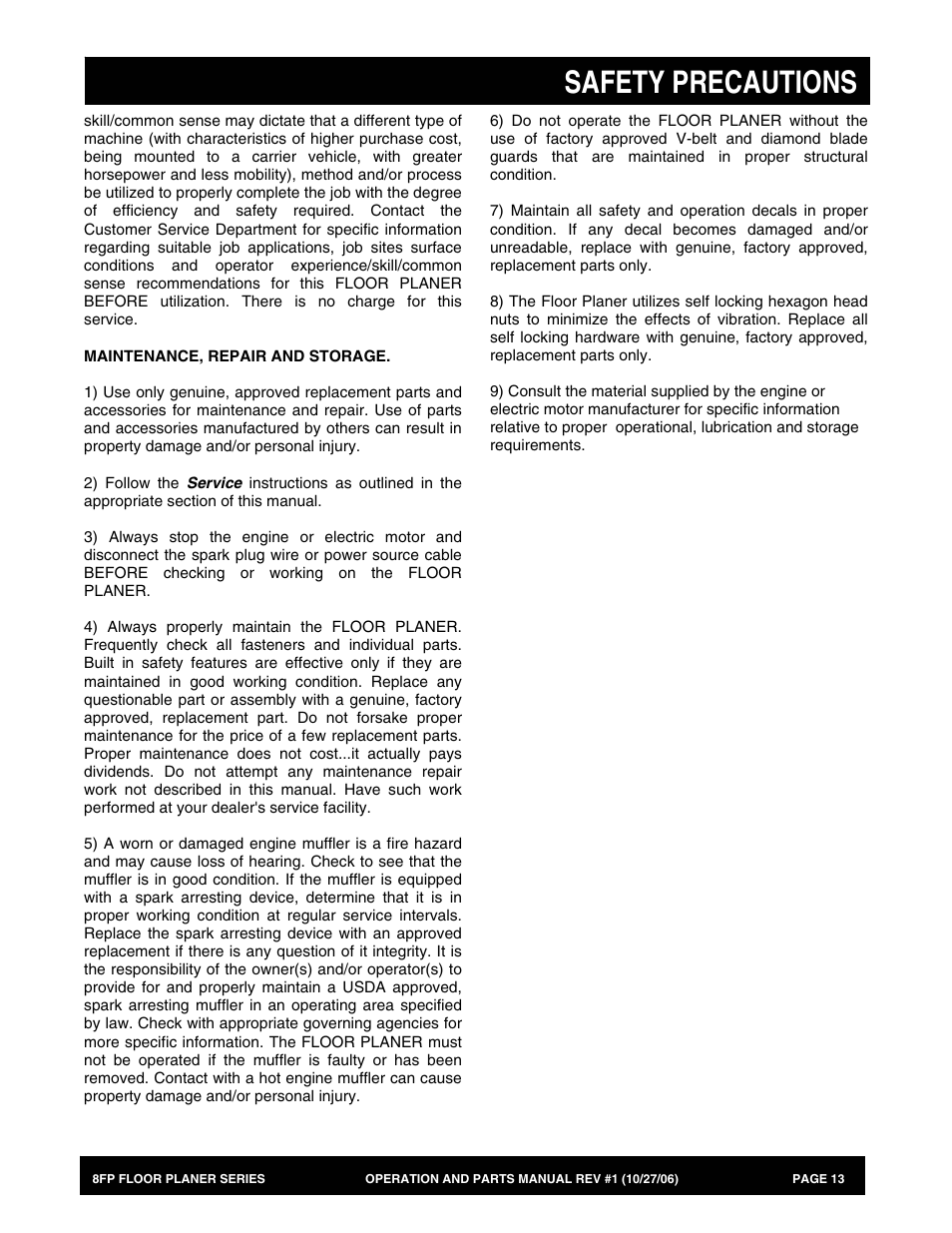 Safety precautions | Multiquip 8FP Series User Manual | Page 13 / 74