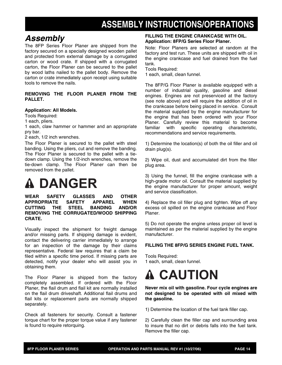 Danger, Caution, Assembly instructions/operations | Assembly | Multiquip 8FP Series User Manual | Page 14 / 74