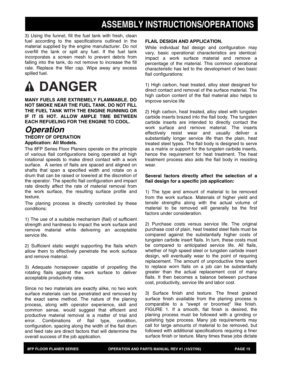 Danger, Assembly instructions/operations, Operation | Multiquip 8FP Series User Manual | Page 15 / 74