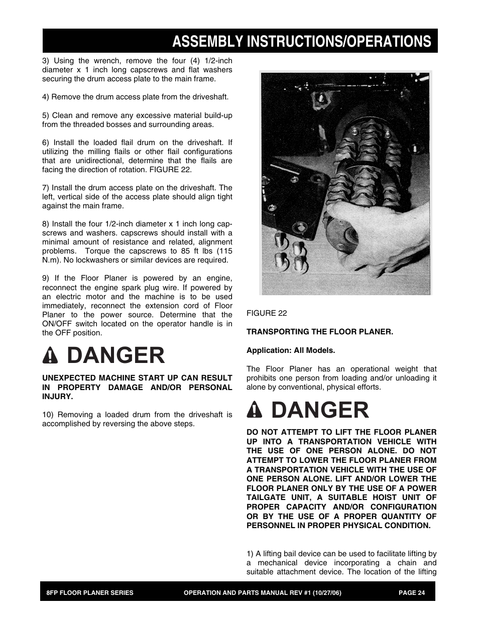 Danger, Assembly instructions/operations | Multiquip 8FP Series User Manual | Page 24 / 74