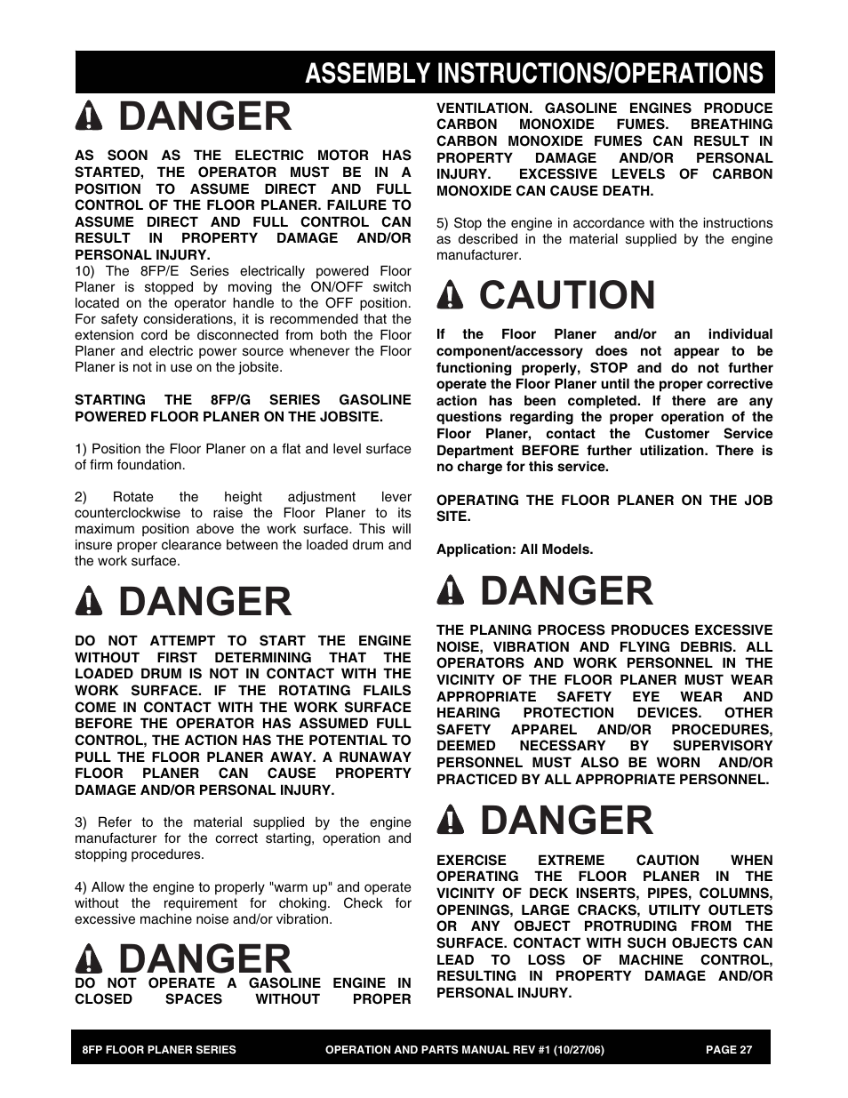 Danger, Caution, Assembly instructions/operations | Multiquip 8FP Series User Manual | Page 27 / 74