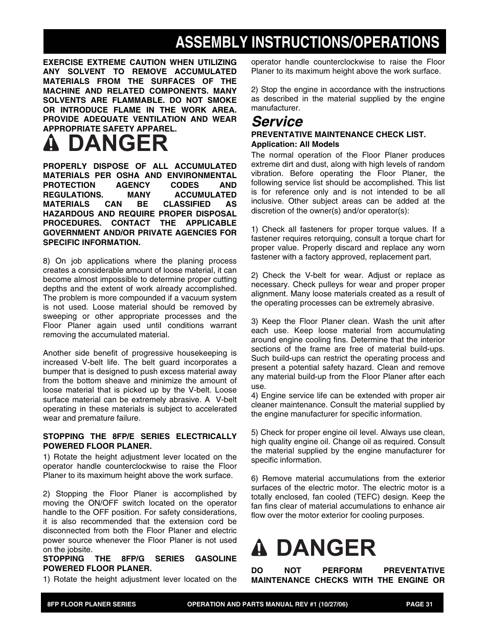 Danger, Assembly instructions/operations, Service | Multiquip 8FP Series User Manual | Page 31 / 74
