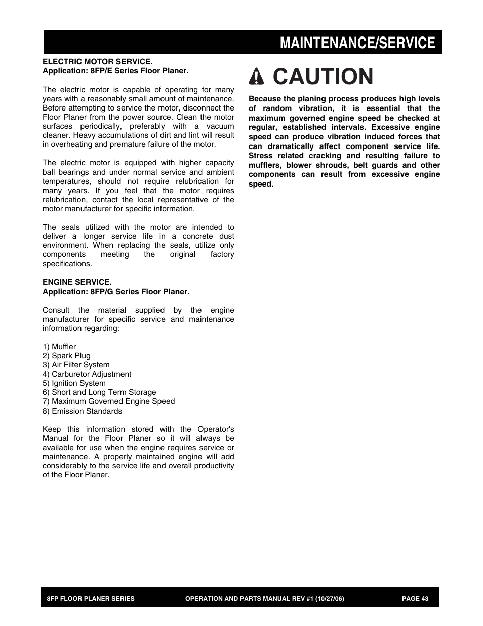 Caution, Maintenance/service | Multiquip 8FP Series User Manual | Page 43 / 74