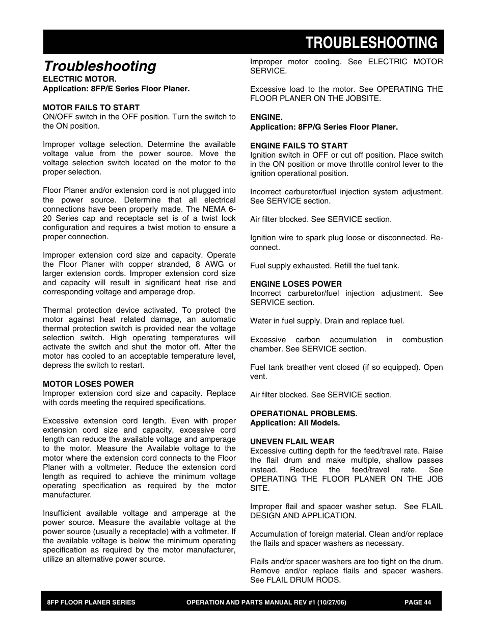 Troubleshooting | Multiquip 8FP Series User Manual | Page 44 / 74