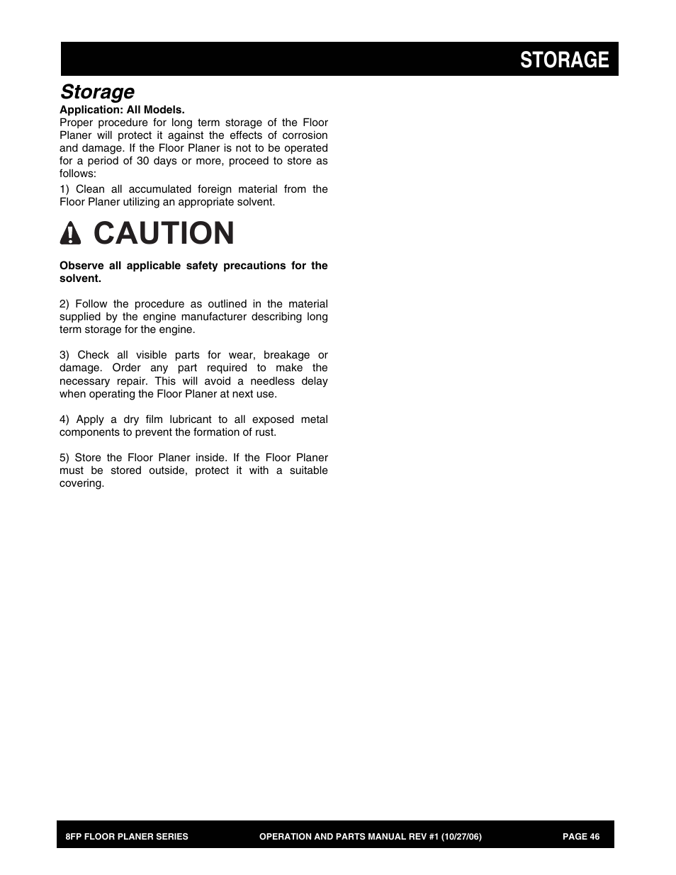 Caution, Storage | Multiquip 8FP Series User Manual | Page 46 / 74