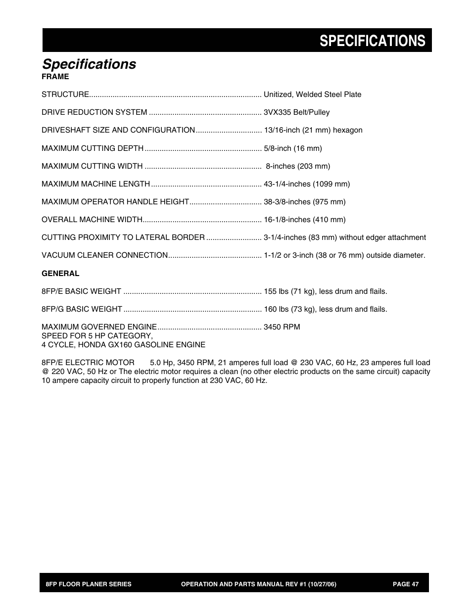 Specifications | Multiquip 8FP Series User Manual | Page 47 / 74