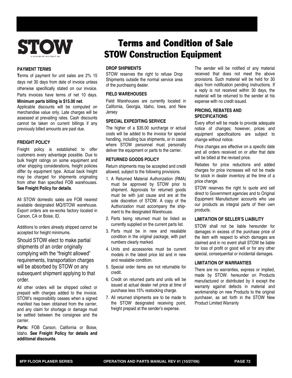 Terms and condition of sale— parts, Terms and condition of sale — parts | Multiquip 8FP Series User Manual | Page 72 / 74