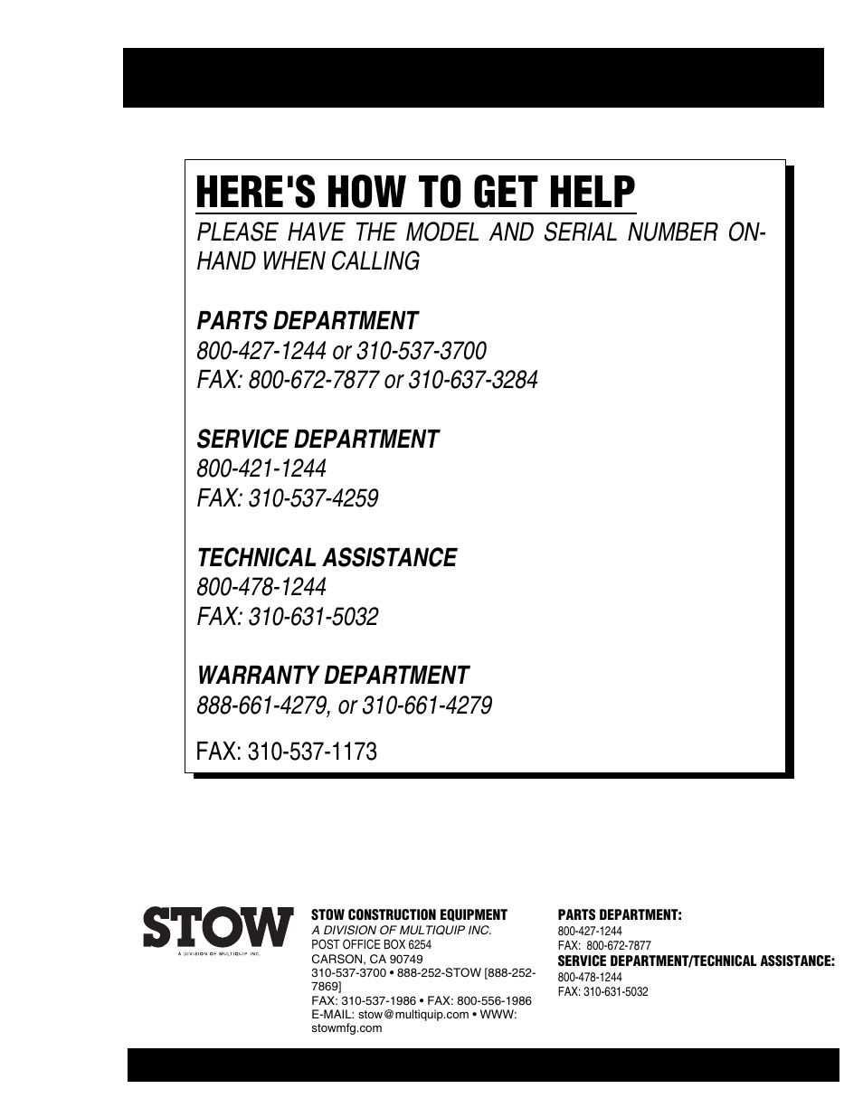 Here's how to get help, Operation and parts manual | Multiquip 8FP Series User Manual | Page 74 / 74