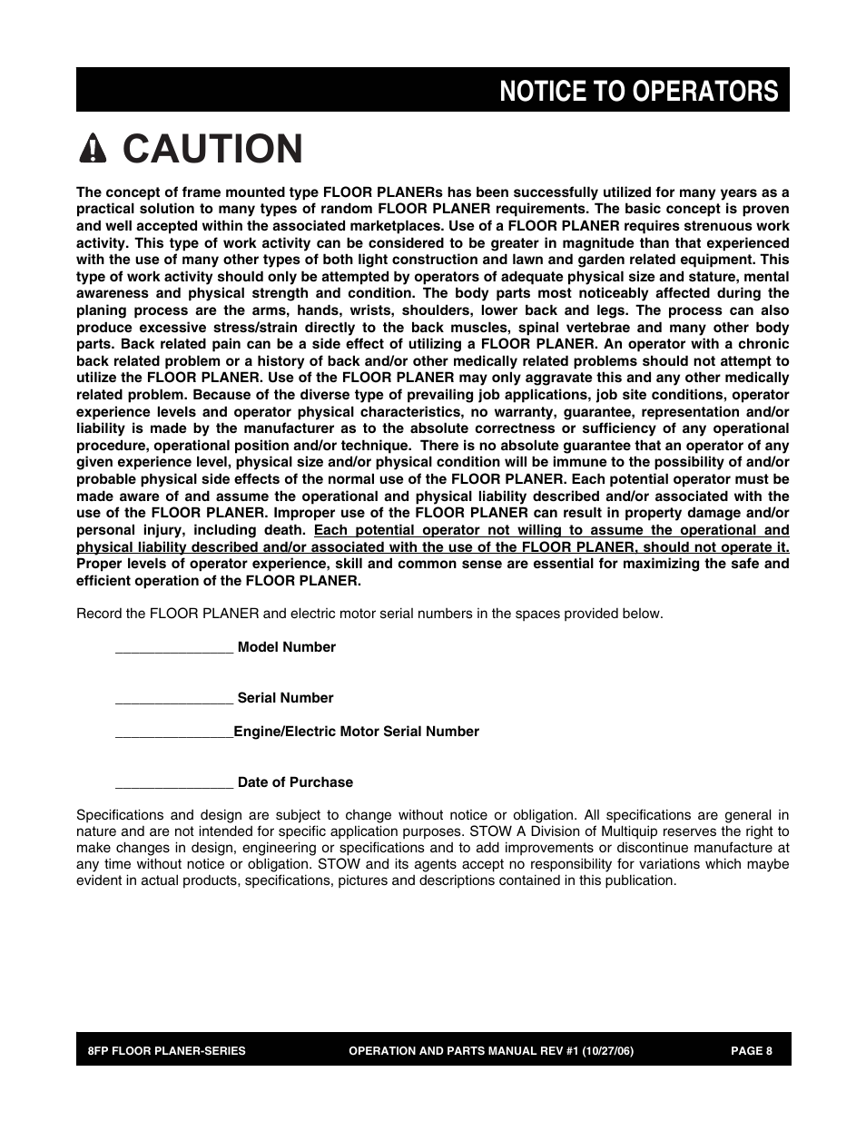 Caution, Notice to operators | Multiquip 8FP Series User Manual | Page 8 / 74