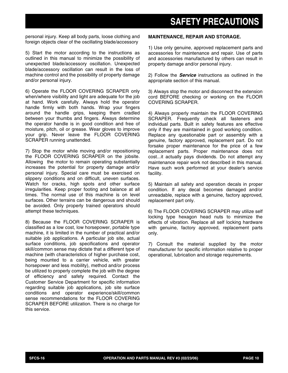 Safety precautions | Multiquip SFCS16 User Manual | Page 10 / 52