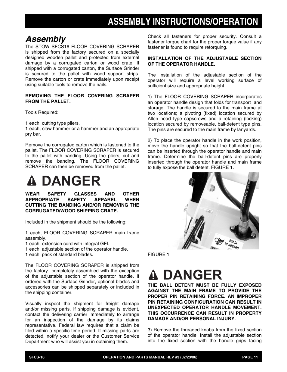 Danger, Assembly instructions/operation, Assembly | Multiquip SFCS16 User Manual | Page 11 / 52