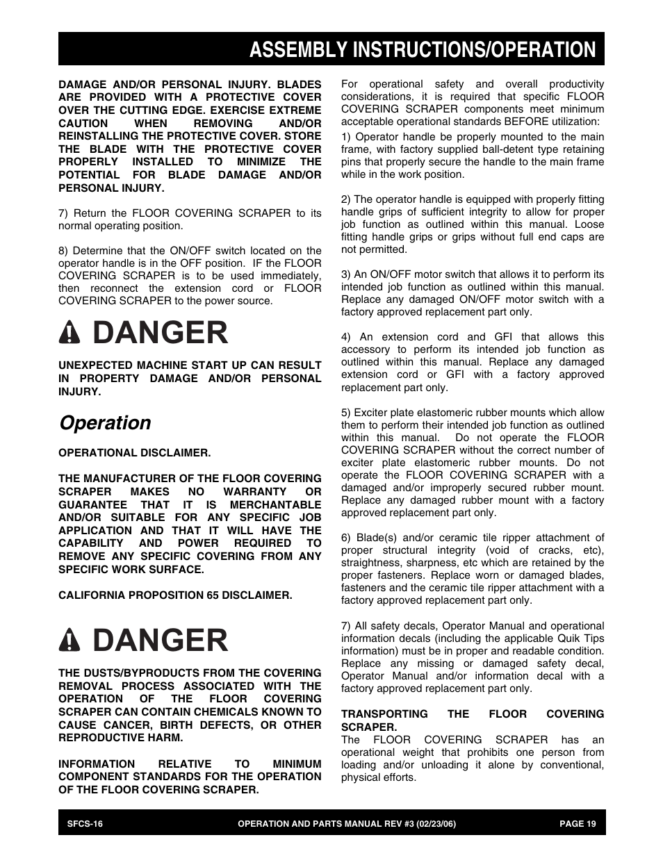 Danger, Assembly instructions/operation, Operation | Multiquip SFCS16 User Manual | Page 19 / 52