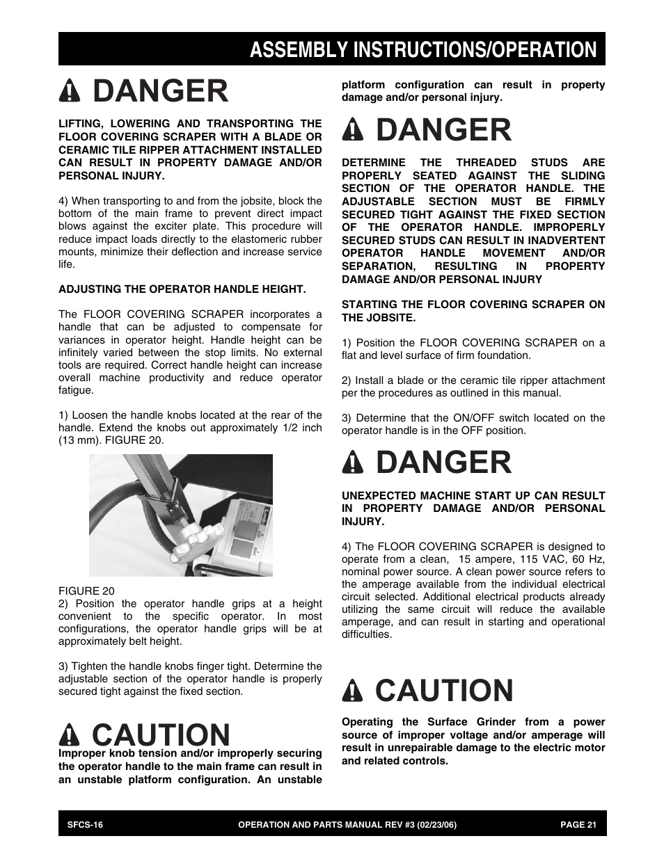 Danger, Caution, Assembly instructions/operation | Multiquip SFCS16 User Manual | Page 21 / 52