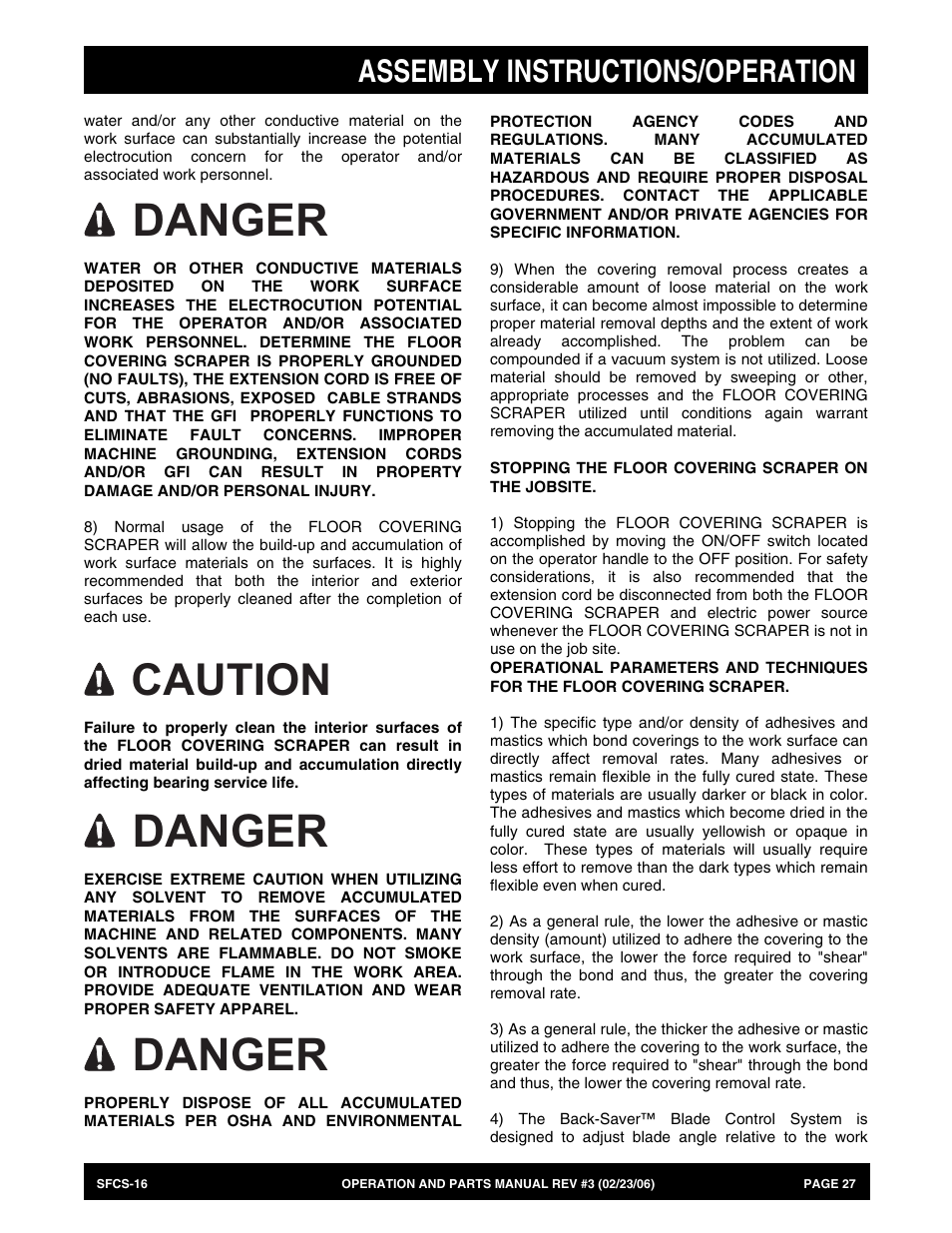 Danger, Caution, Assembly instructions/operation | Multiquip SFCS16 User Manual | Page 27 / 52