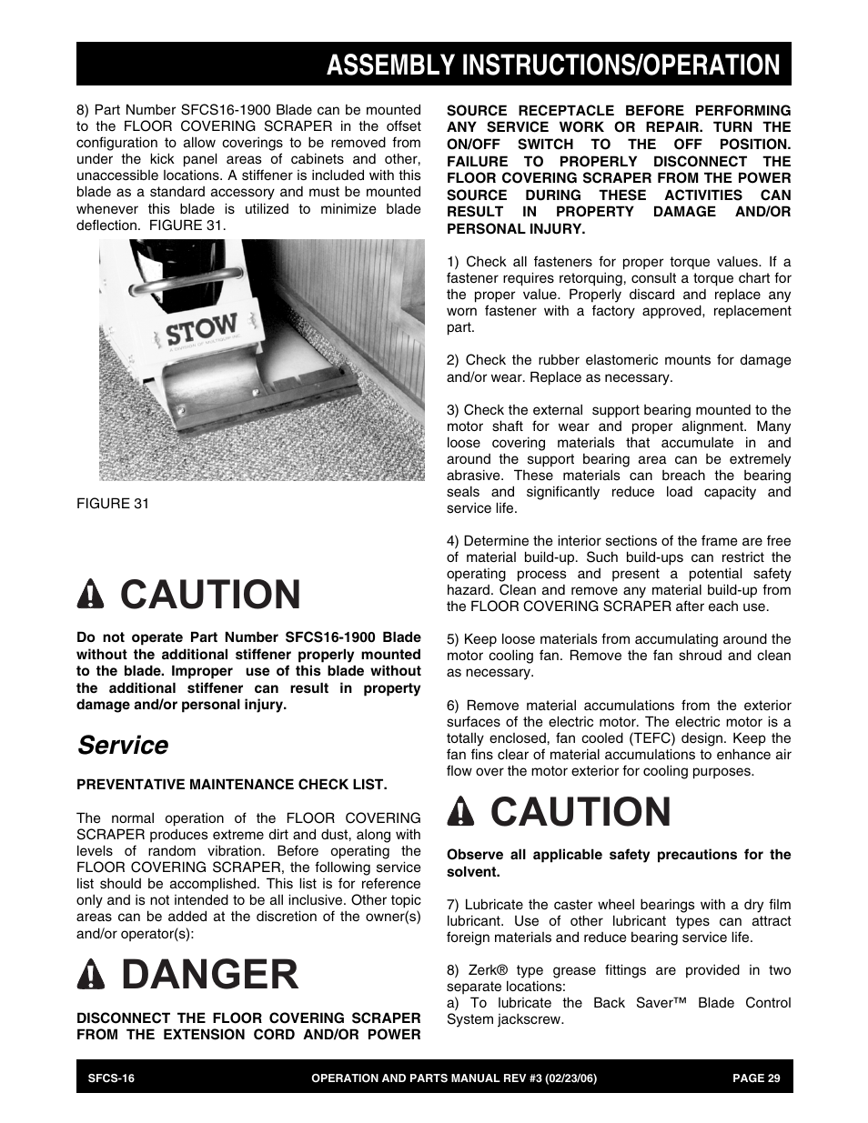 Danger, Caution, Assembly instructions/operation | Service | Multiquip SFCS16 User Manual | Page 29 / 52