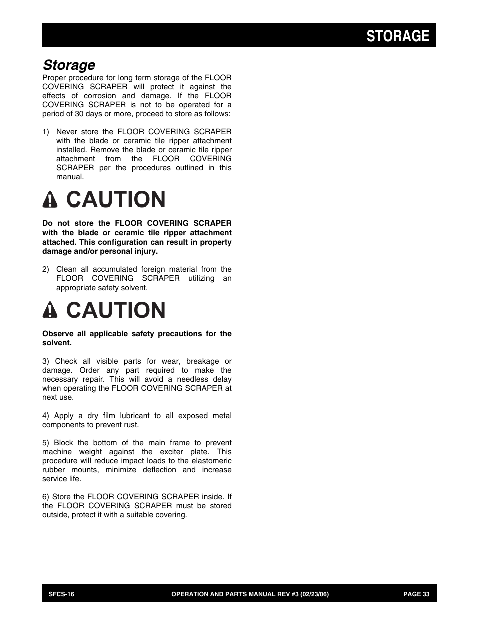 Caution, Storage | Multiquip SFCS16 User Manual | Page 33 / 52