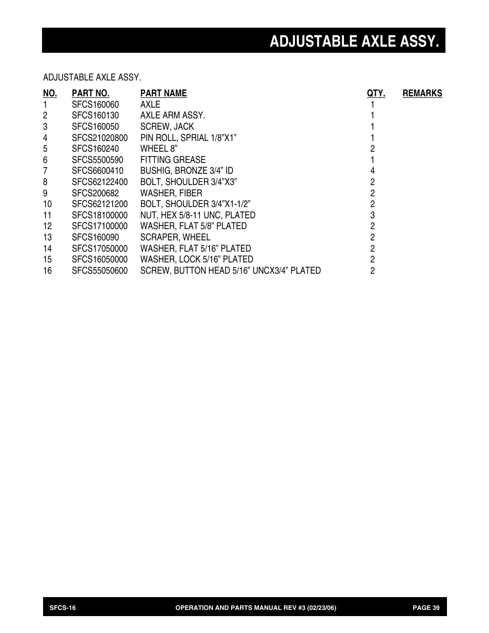 Adjustable axle assy | Multiquip SFCS16 User Manual | Page 39 / 52