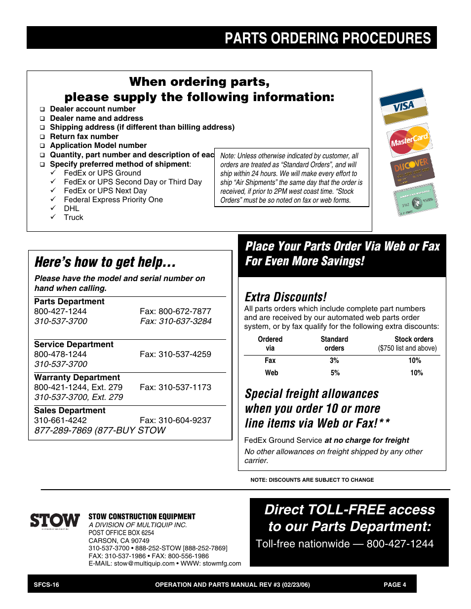 Parts ordering procedures, Here’s how to get help, Direct toll-free access to our parts department | Extra discounts | Multiquip SFCS16 User Manual | Page 4 / 52