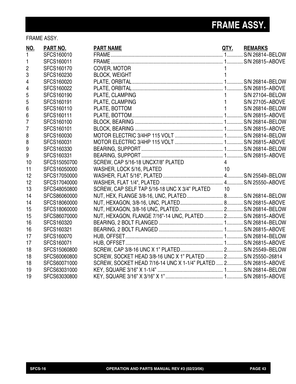 Frame assy | Multiquip SFCS16 User Manual | Page 43 / 52