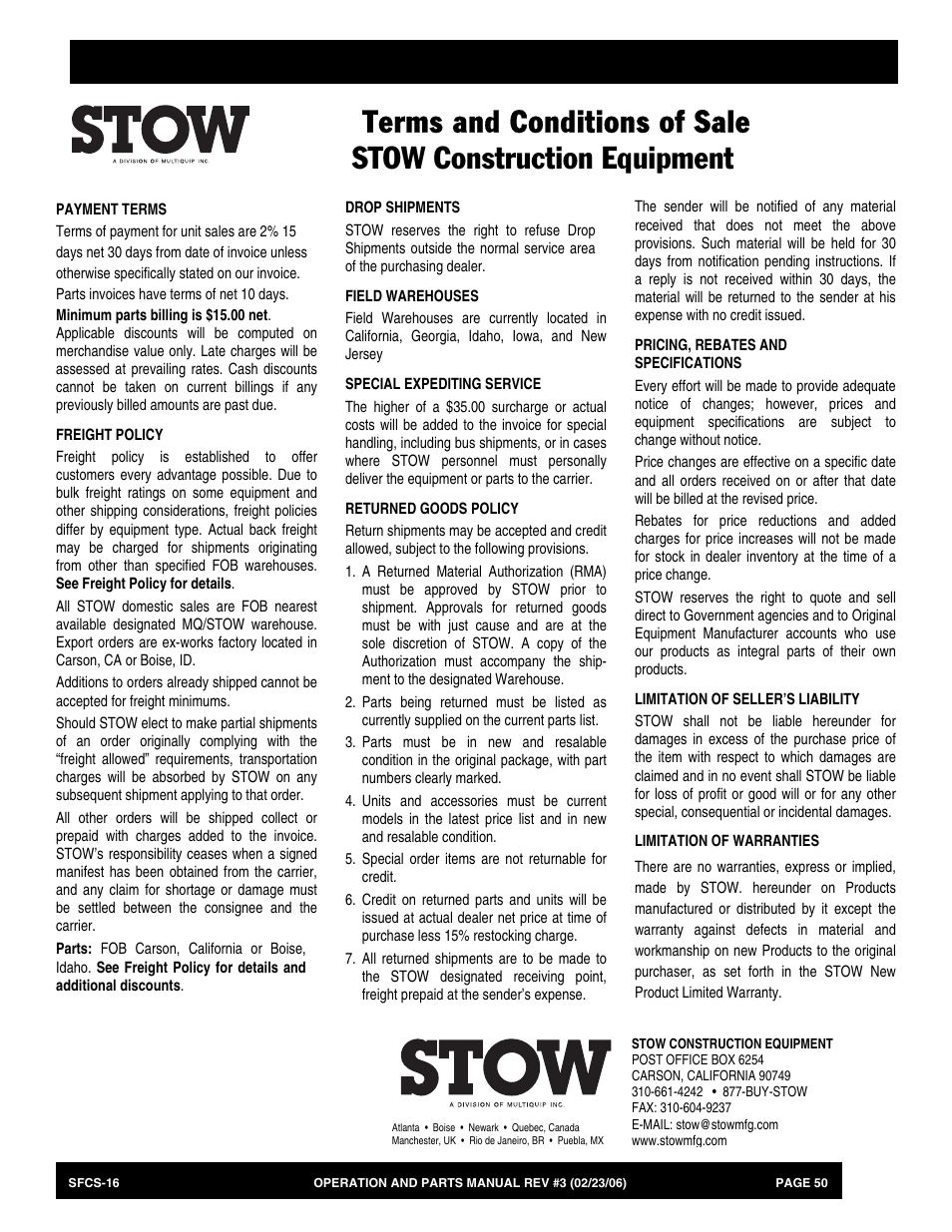 Terms and condition of sale— parts | Multiquip SFCS16 User Manual | Page 50 / 52