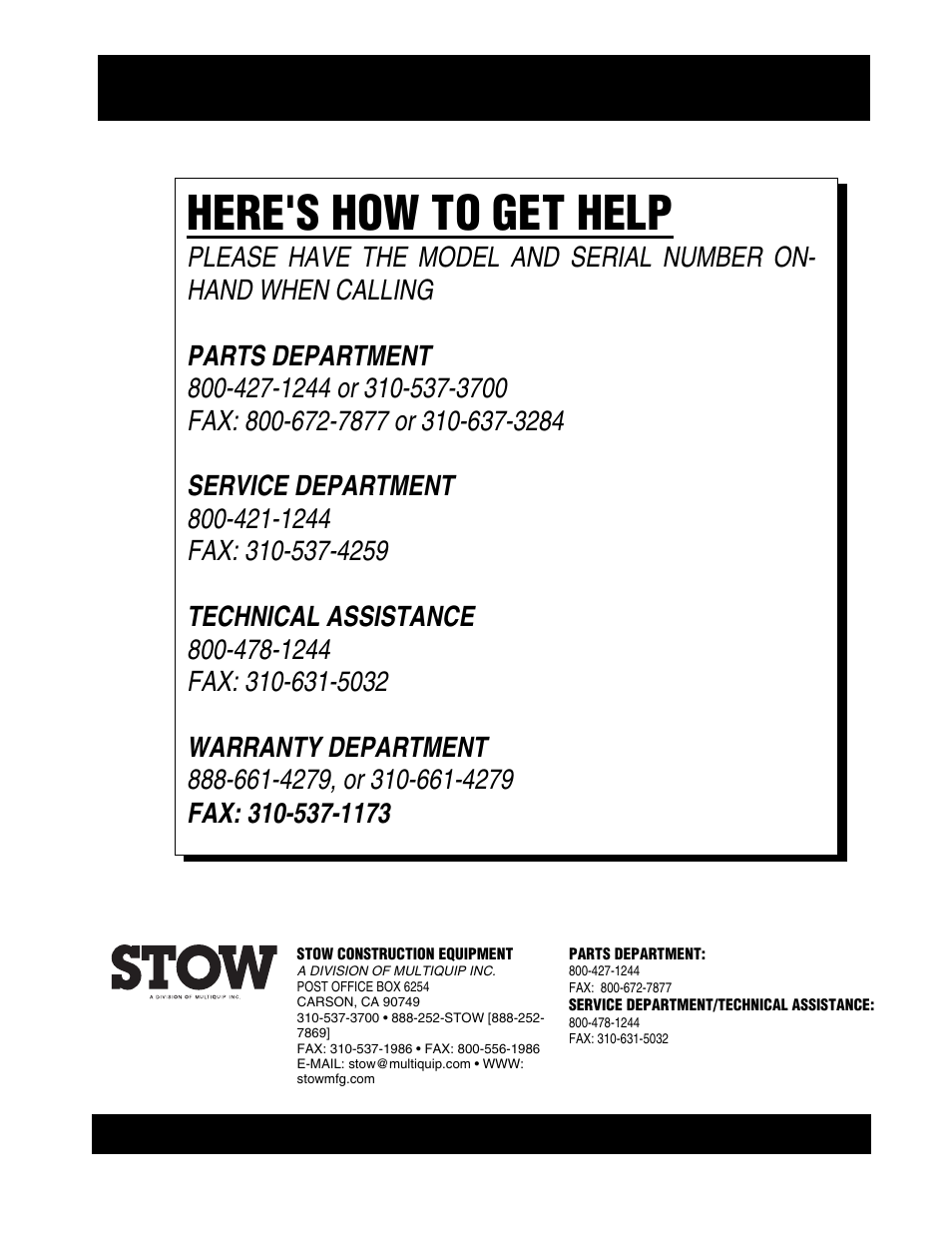 Here's how to get help, Operation and parts manual | Multiquip SFCS16 User Manual | Page 52 / 52