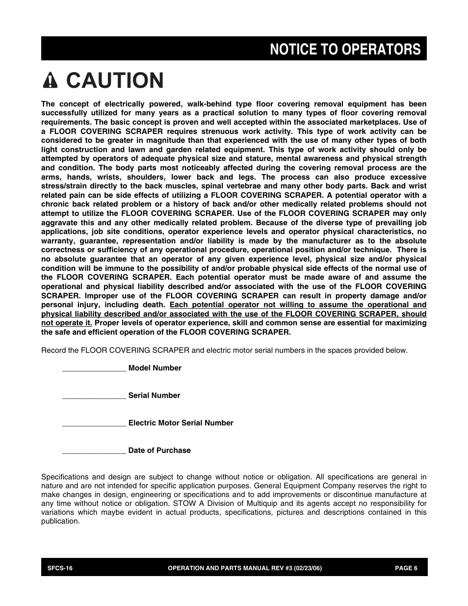 Caution, Notice to operators | Multiquip SFCS16 User Manual | Page 6 / 52
