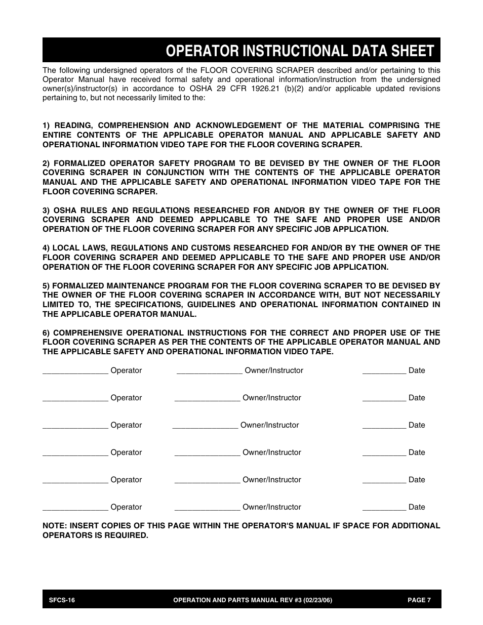 Operator instructional data sheet | Multiquip SFCS16 User Manual | Page 7 / 52