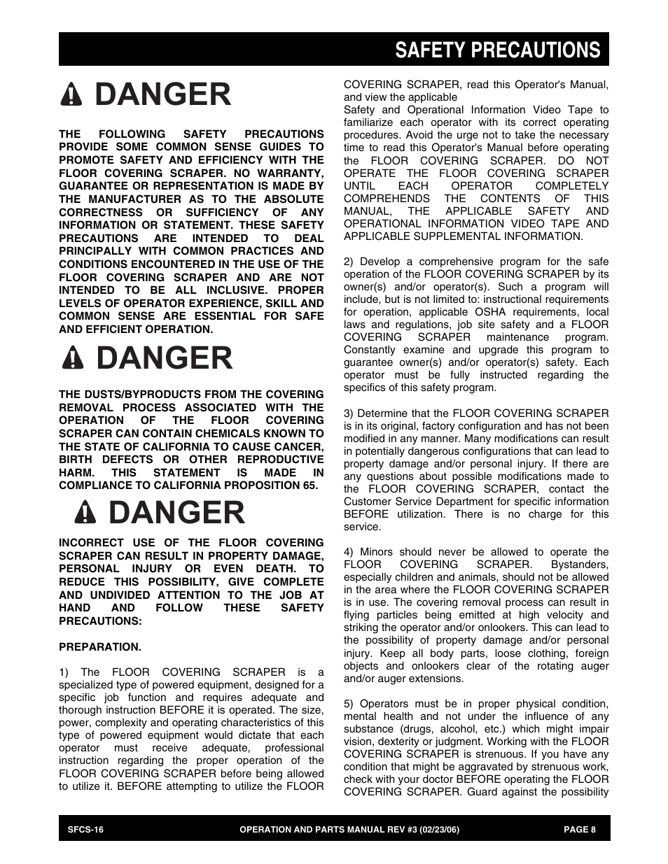 Danger, Safety precautions | Multiquip SFCS16 User Manual | Page 8 / 52