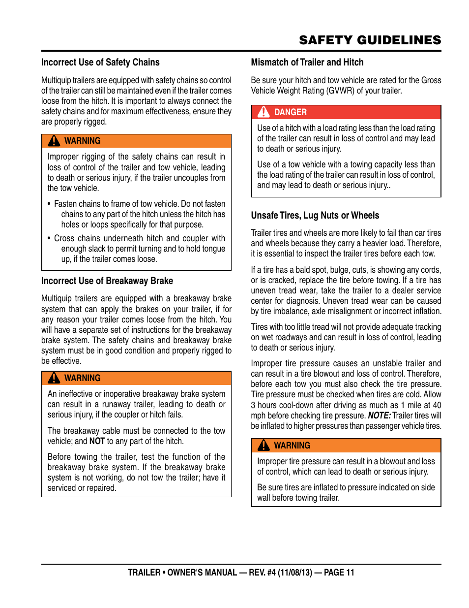 Safety guidelines | Multiquip Trailers User Manual | Page 11 / 52