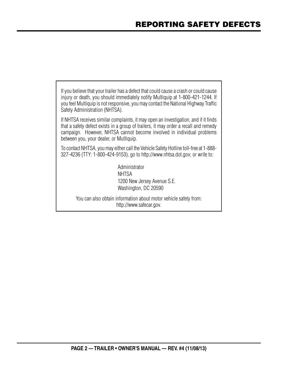 Reporting safety defects | Multiquip Trailers User Manual | Page 2 / 52