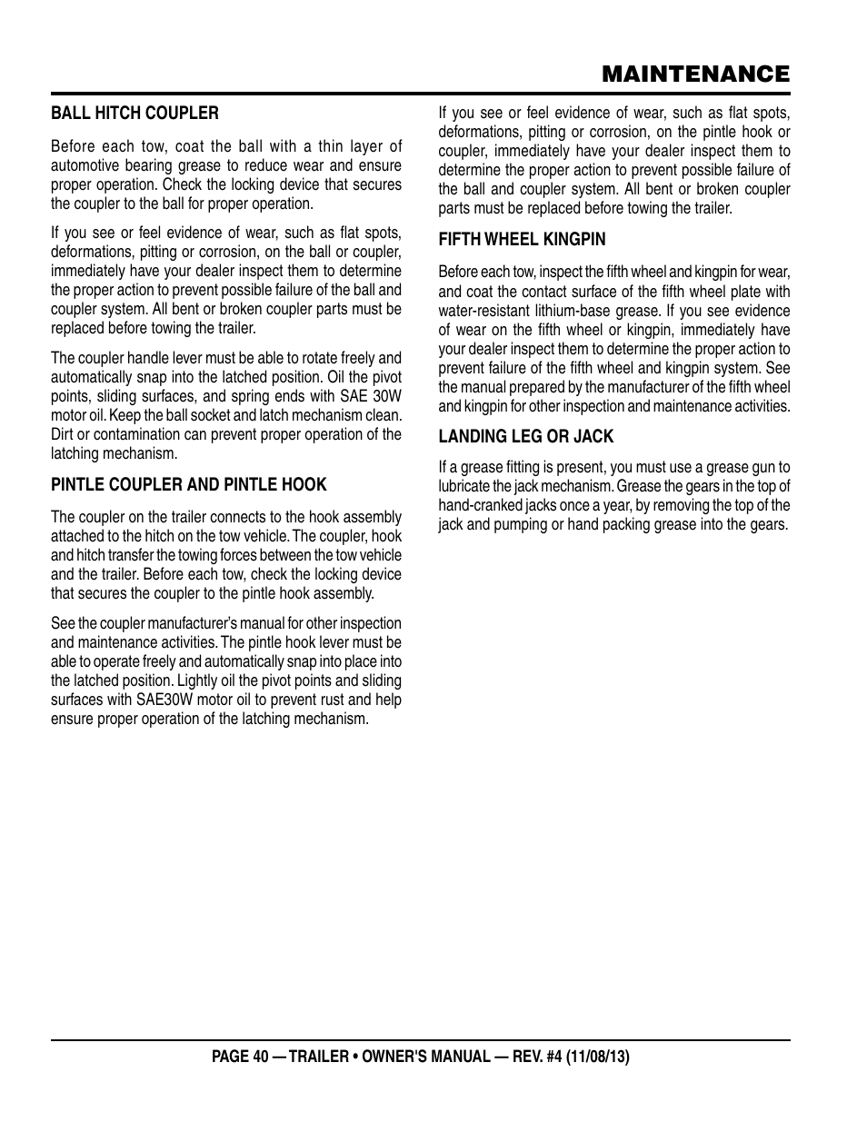 Maintenance | Multiquip Trailers User Manual | Page 40 / 52
