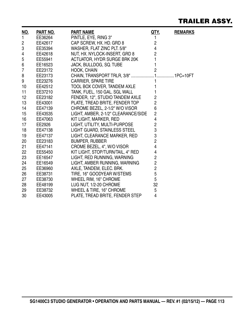 Trailer assy | Multiquip SG1400C3-55748 User Manual | Page 113 / 116