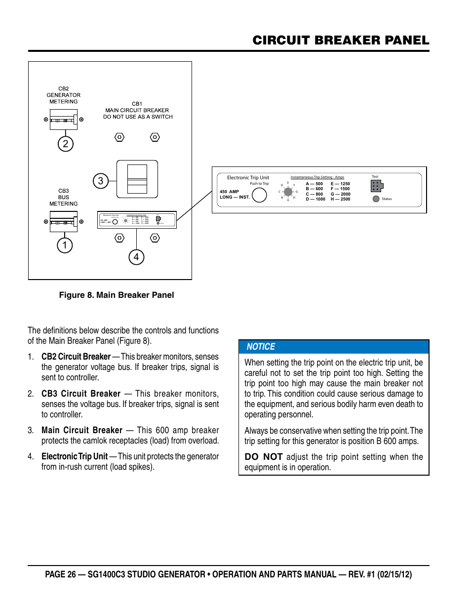 Circuit breaker panel, Figure 8. main breaker panel | Multiquip SG1400C3-55748 User Manual | Page 26 / 116