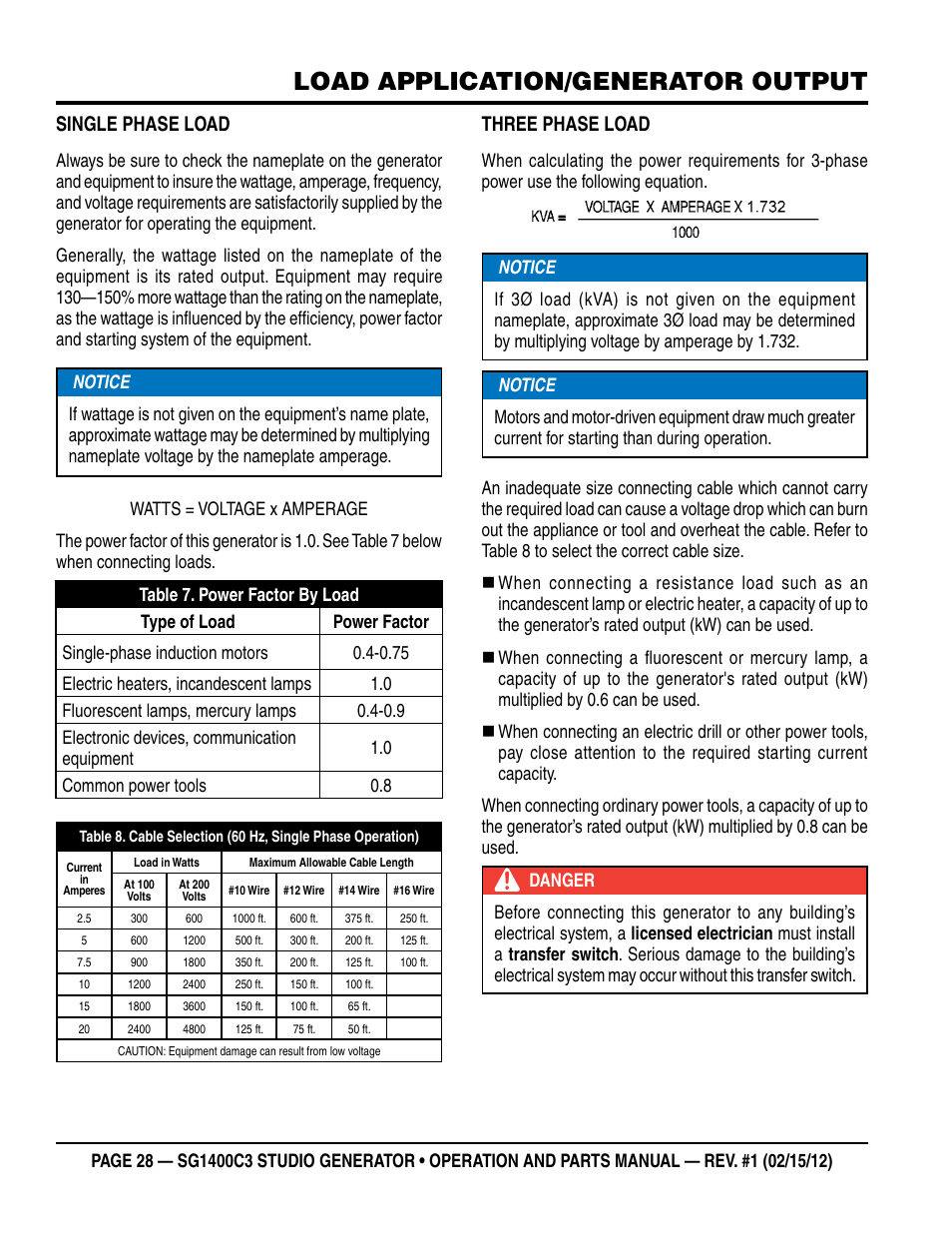 Load application/generator output, Single phase load, Three phase load | Multiquip SG1400C3-55748 User Manual | Page 28 / 116