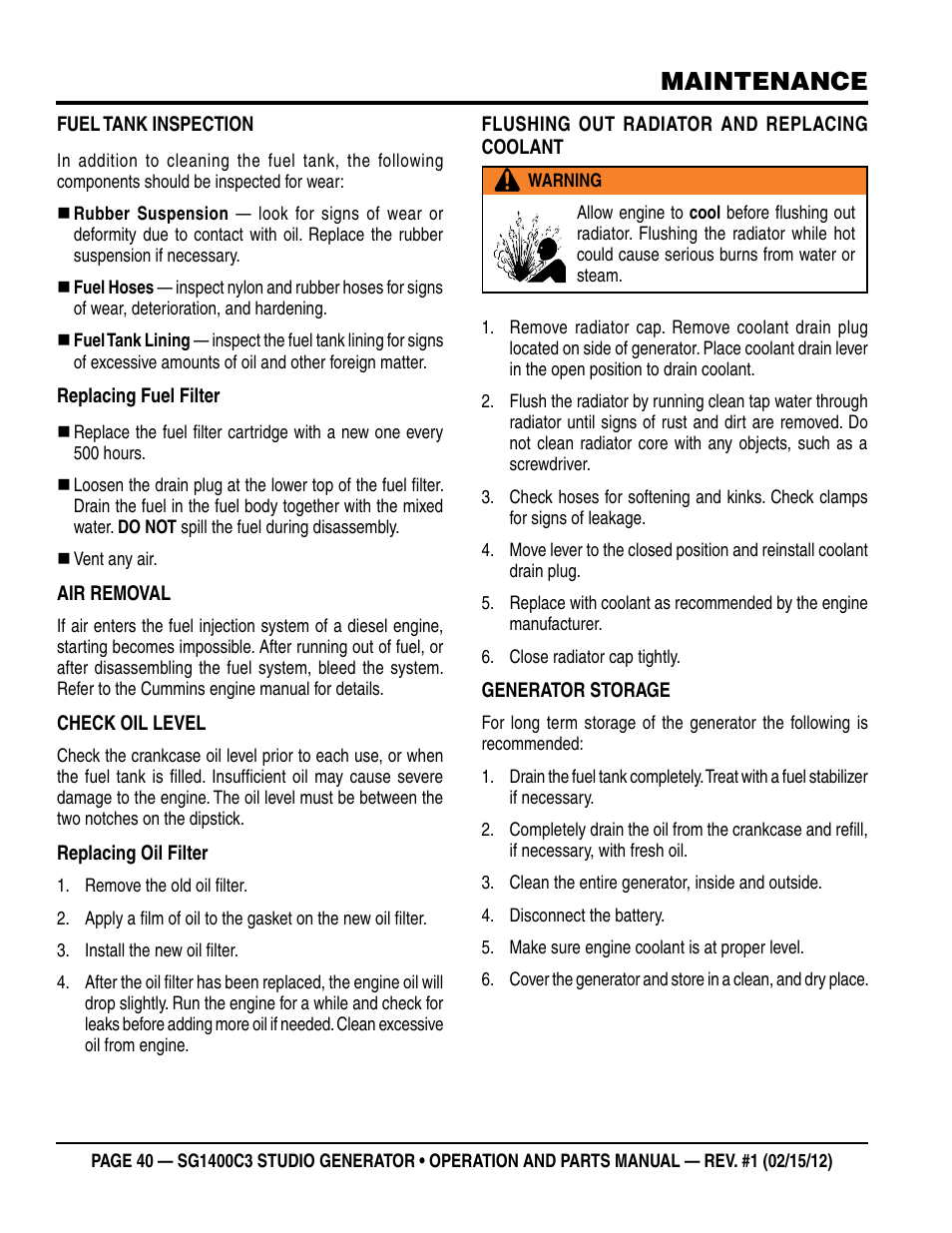 Maintenance | Multiquip SG1400C3-55748 User Manual | Page 40 / 116