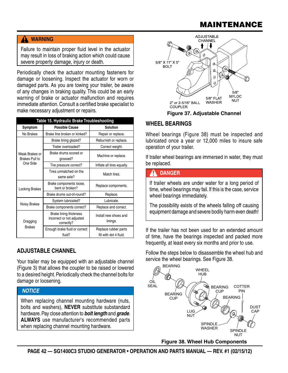 Maintenance, Adjustable channel, Wheel bearings | Multiquip SG1400C3-55748 User Manual | Page 42 / 116