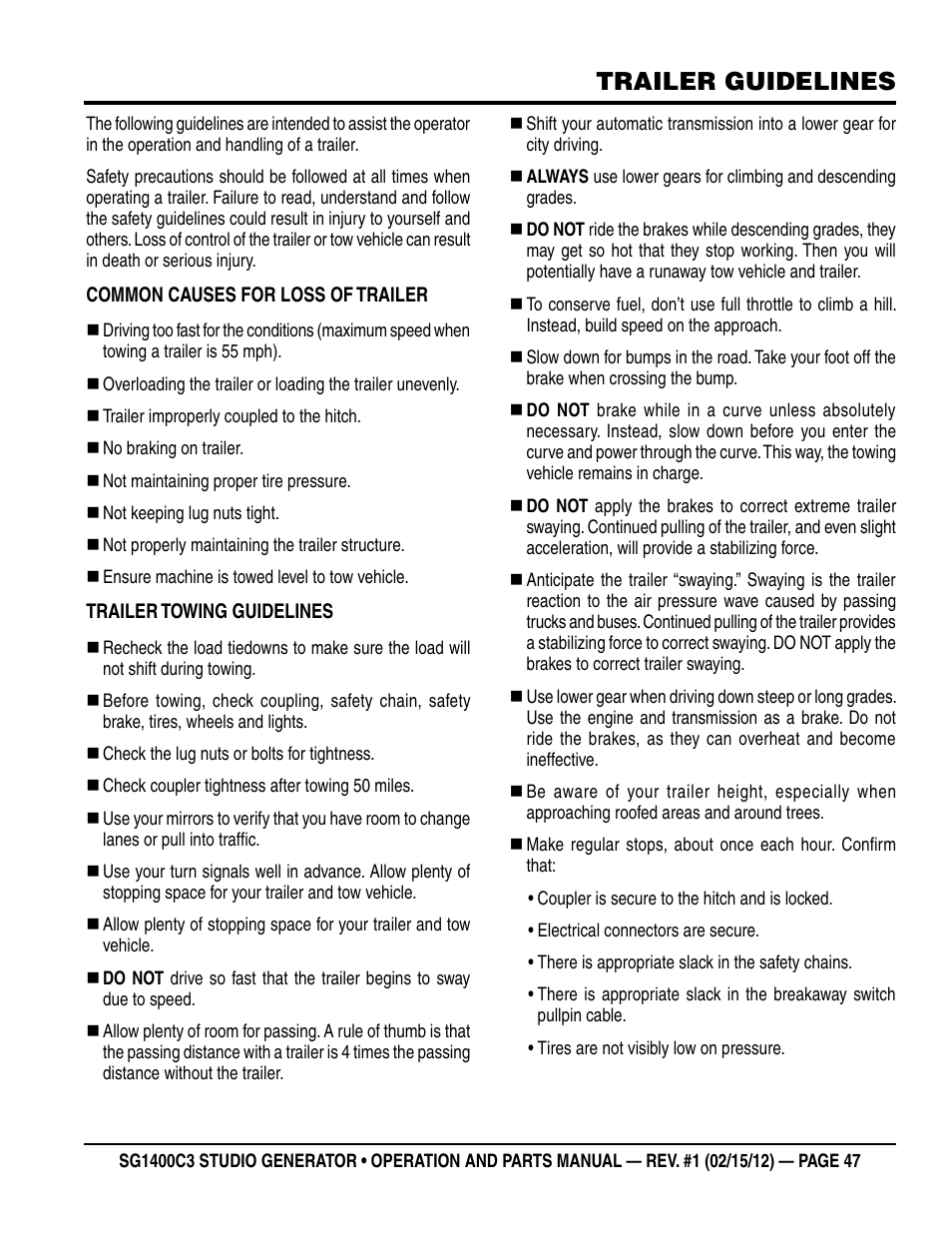 Trailer guidelines | Multiquip SG1400C3-55748 User Manual | Page 47 / 116