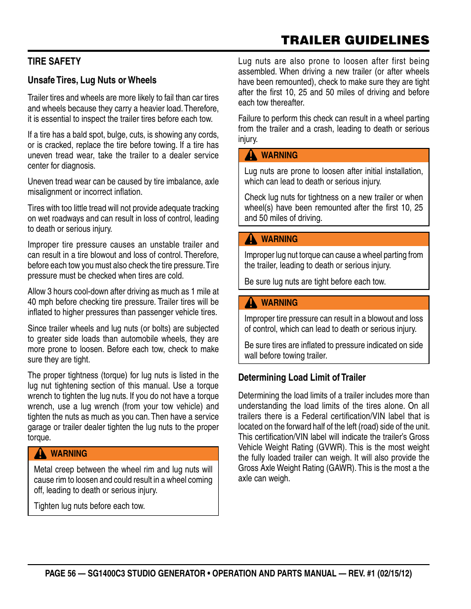 Trailer guidelines | Multiquip SG1400C3-55748 User Manual | Page 56 / 116
